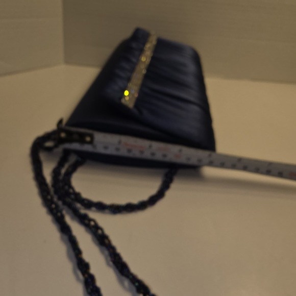 Navy Classic Pleated Satin Evening Bags Rhinestone Clutch Purse Beaded Chain - Picture 5 of 8